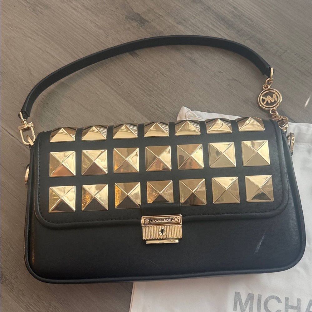Michael Kors Black Bradshaw Handbag with Gold Pyramid Studs - Picture 2 of 6